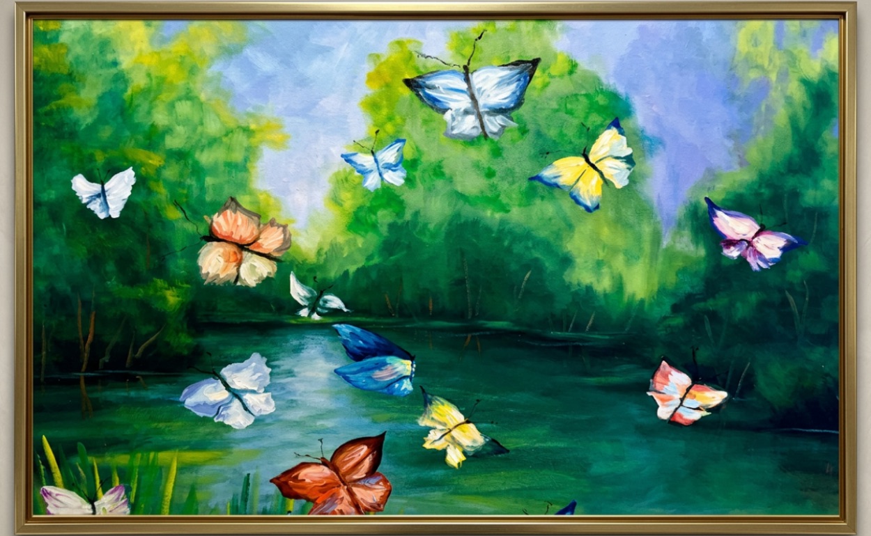 Oil painting of butterflies above a quiet forest pond