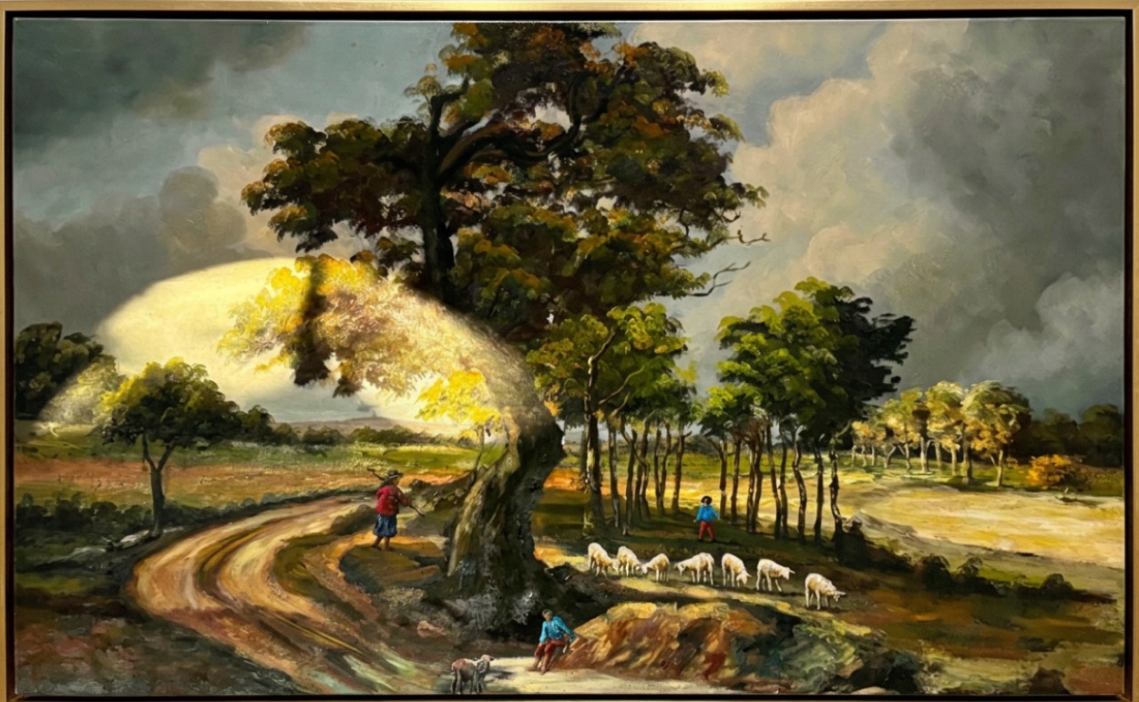 Classical oil painting of a countryside road, shepherd, and grazing sheep beneath a stormy sky
