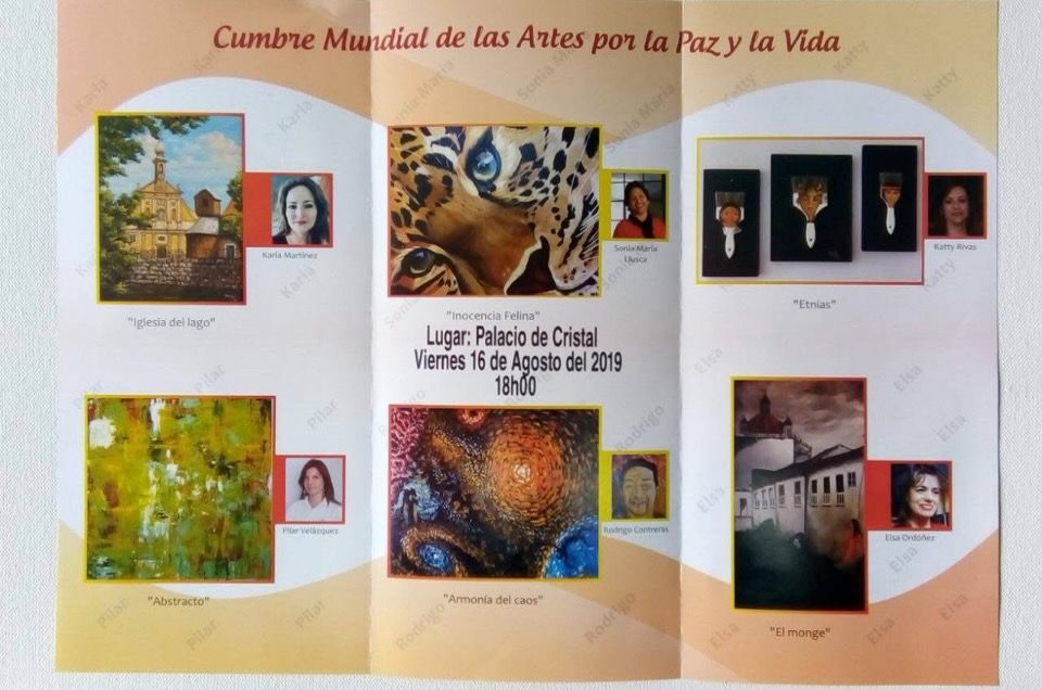 Folleto de la Cumbre Mundial de las Artes por la Paz y la Vida, 2019, con la obra Iglesia del Lago de Karla Martinez