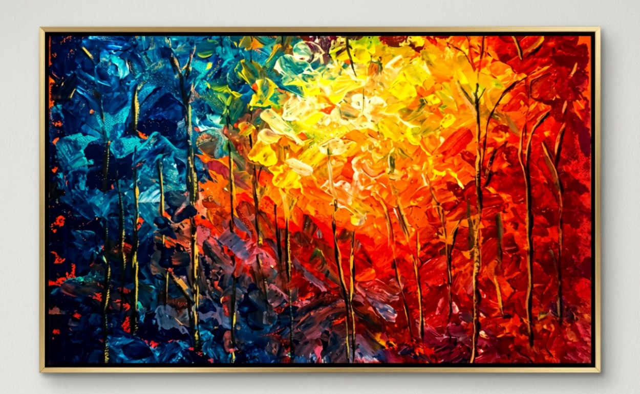 Abstract oil painting of a forest split between blue shadow and orange light