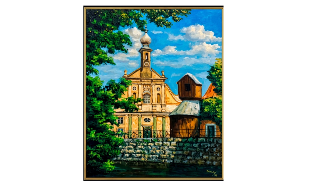 Pintura al óleo de una iglesia junto a un lago, rodeada de árboles, por Karla Martinez