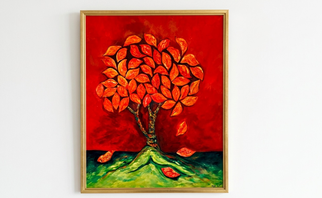 Textured oil painting of a tree made of overlapping orange leaf shapes on a red background