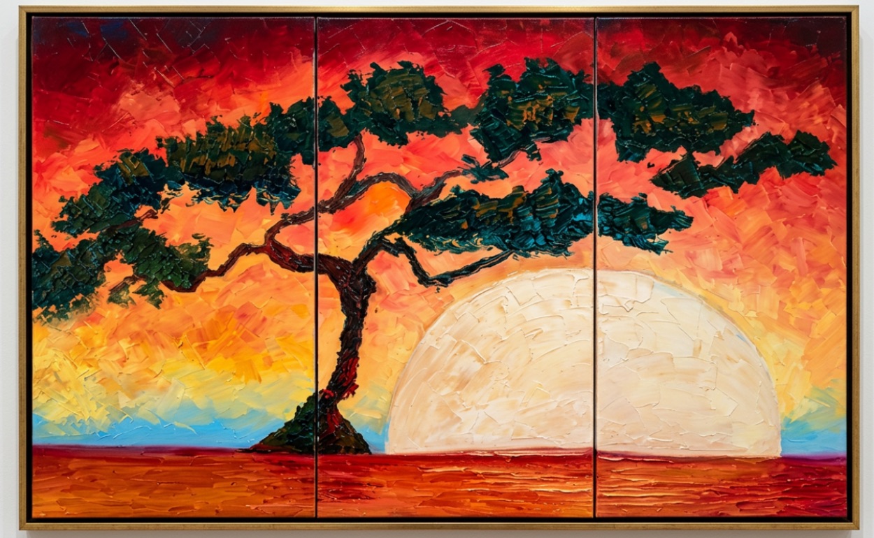 Oil painting triptych of a tree silhouetted against a setting sun by Karla Martinez