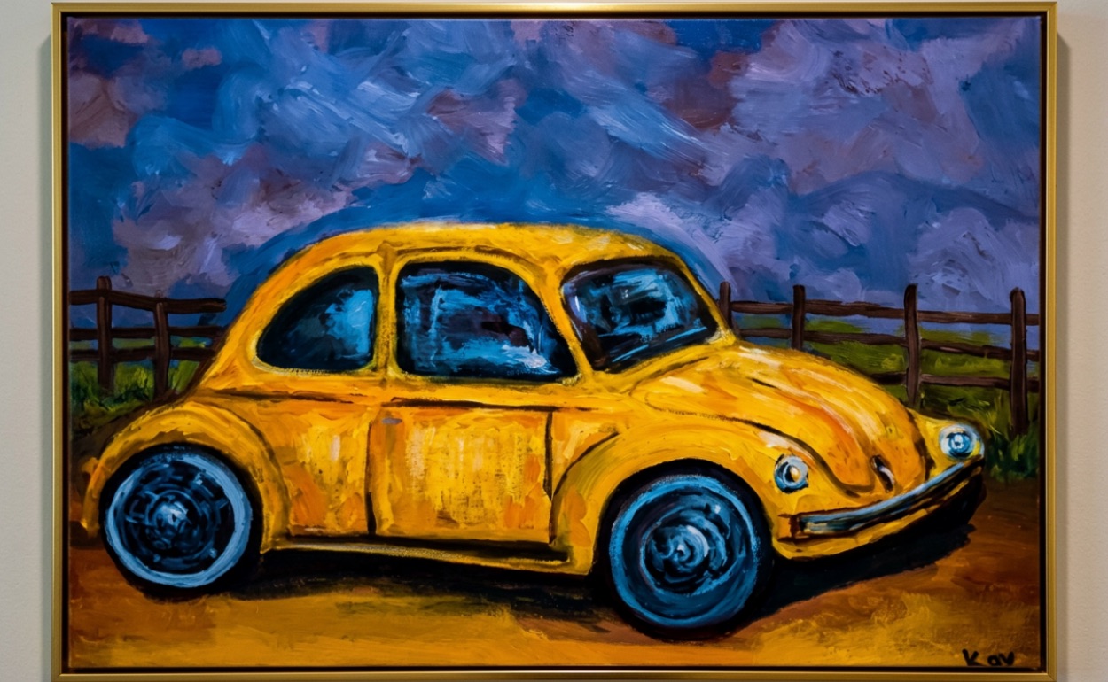 Oil painting of a vintage yellow Volkswagen Beetle parked by a wooden fence